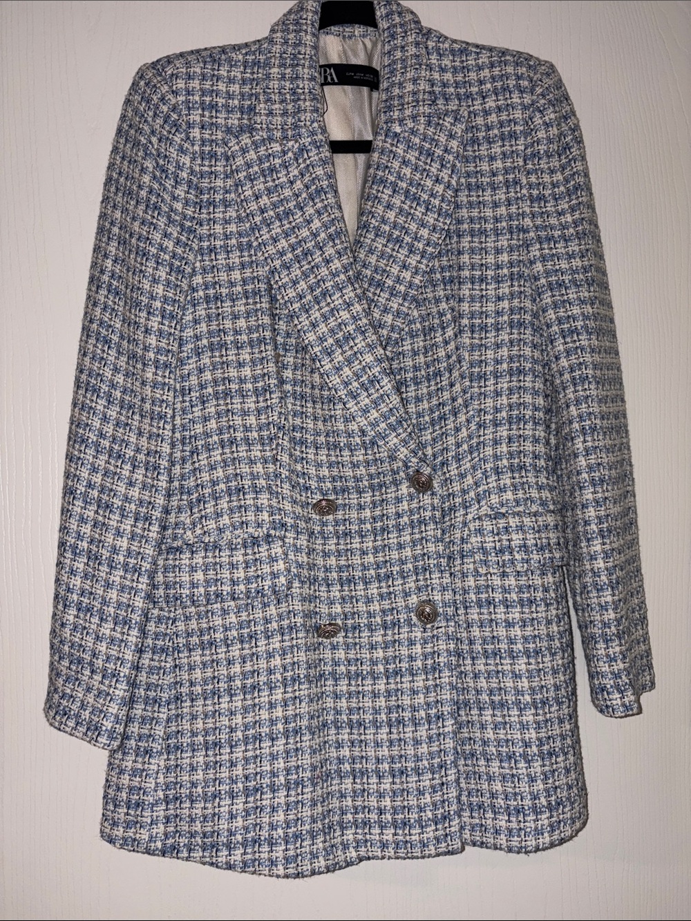 Zara Blue and White Tweed Double-Breasted Blazer Jacket